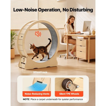 Cat Exercise Wheel, 48 in Wooden Cat Running Wheel for Indoor Cats up to 28 lbs, Cats Treadmill with Carpeted Runway & Locking Mechanism, Quiet Roller Kitten Sport Toys for Pets Fitness & Health