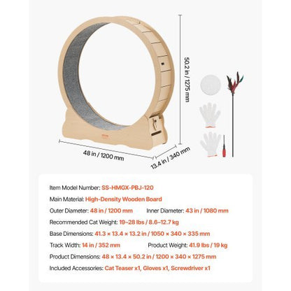 Cat Exercise Wheel, 48 in Wooden Cat Running Wheel for Indoor Cats up to 28 lbs, Cats Treadmill with Carpeted Runway & Locking Mechanism, Quiet Roller Kitten Sport Toys for Pets Fitness & Health