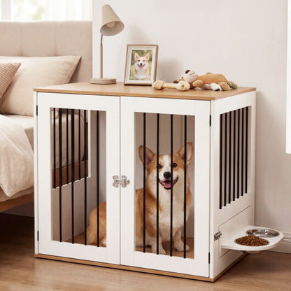 31.5" Dog Crate Furniture Wooden Dog Kennel with Double Lock Doors-White - Color: White