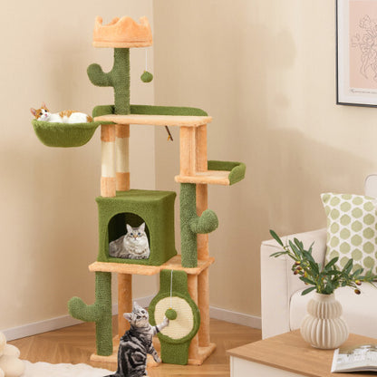 63 Inch Cactus Cat Tree with Sisal Scratching Posts and Board for Indoor Cats - Color: Green