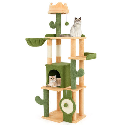 63 Inch Cactus Cat Tree with Sisal Scratching Posts and Board for Indoor Cats - Color: Green